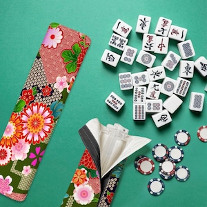 Mahjong Clear Tile Pusher Racks Japanese Floral Chrysanthemum Pattern Red Green White image 1