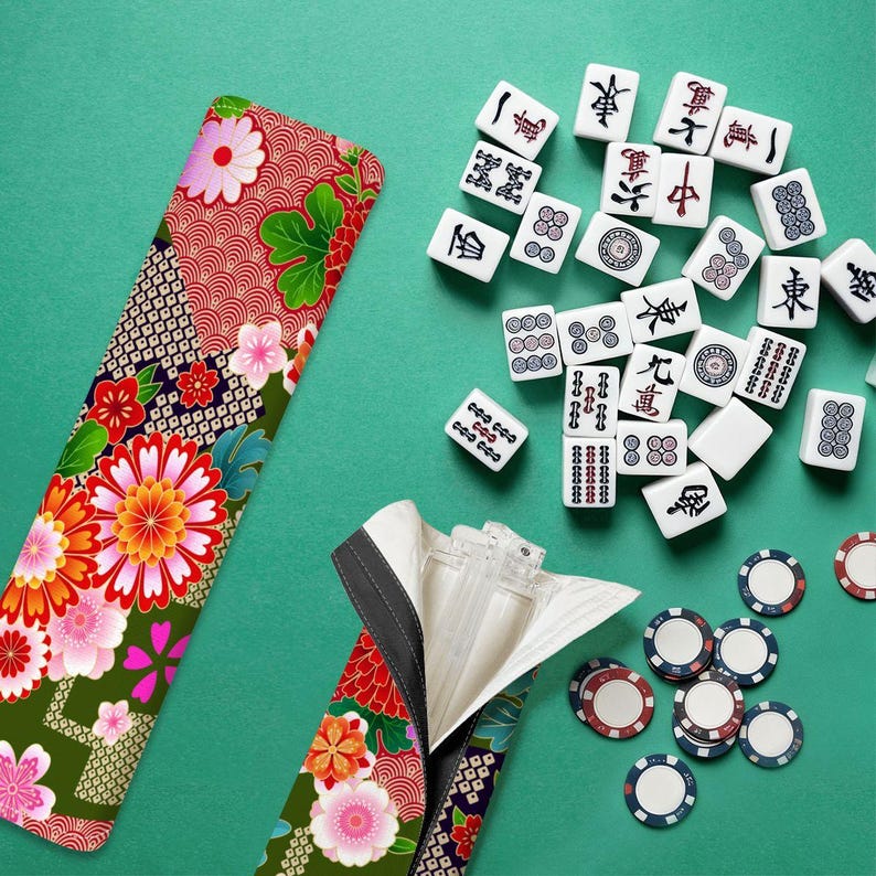 Mahjong Clear Tile Pusher Racks Japanese Floral Chrysanthemum Pattern Red Green White image 1