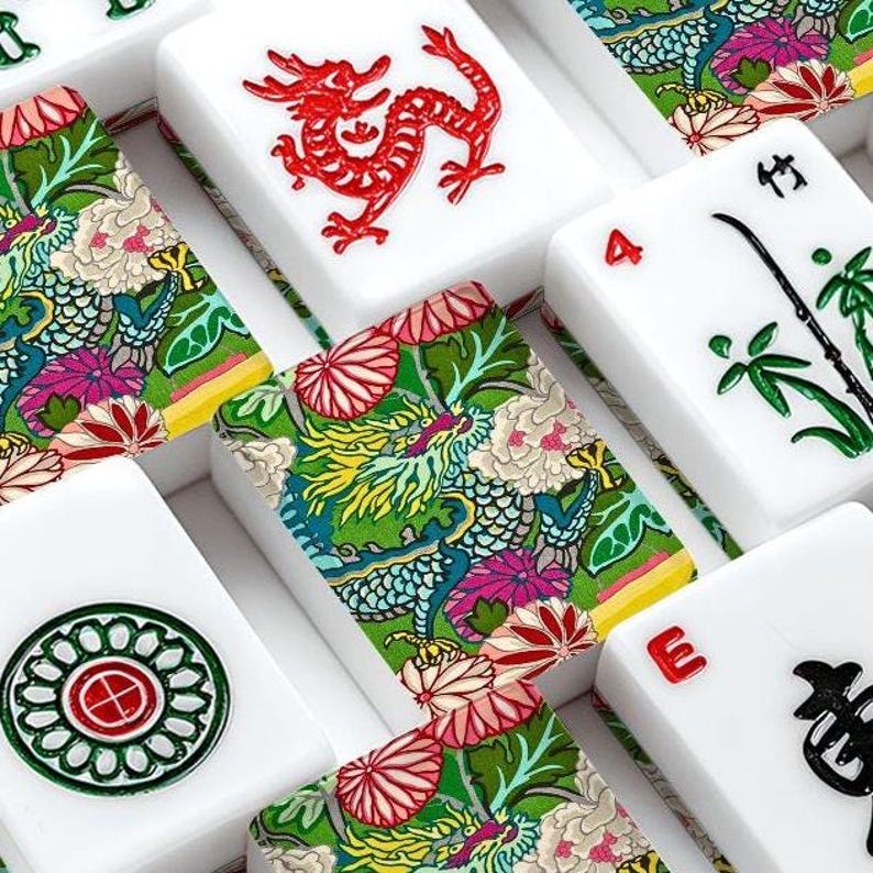 American Mahjong Tiles Set Imperial Dragon Colorful Chinoiserie Pattern Emerald Green image 2