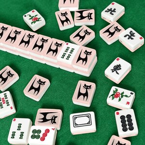 American Mahjong Tiles Set MCM Mid Century Modern Atomic Kitty Black Cat Pink image 2