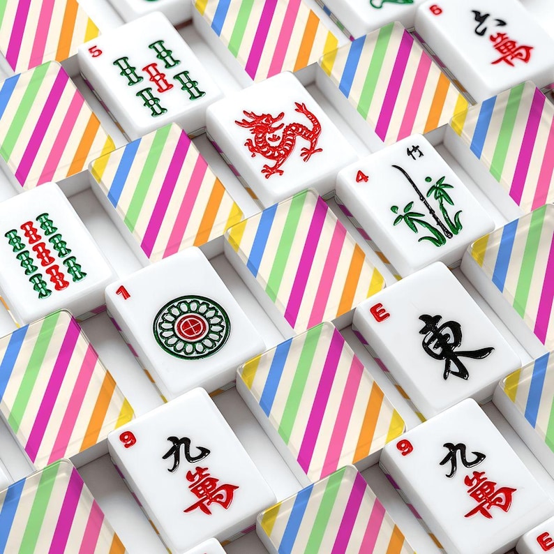 American Mahjong Tiles Set Preppy Summer Stripes Pattern Pink Yellow Blue image 2