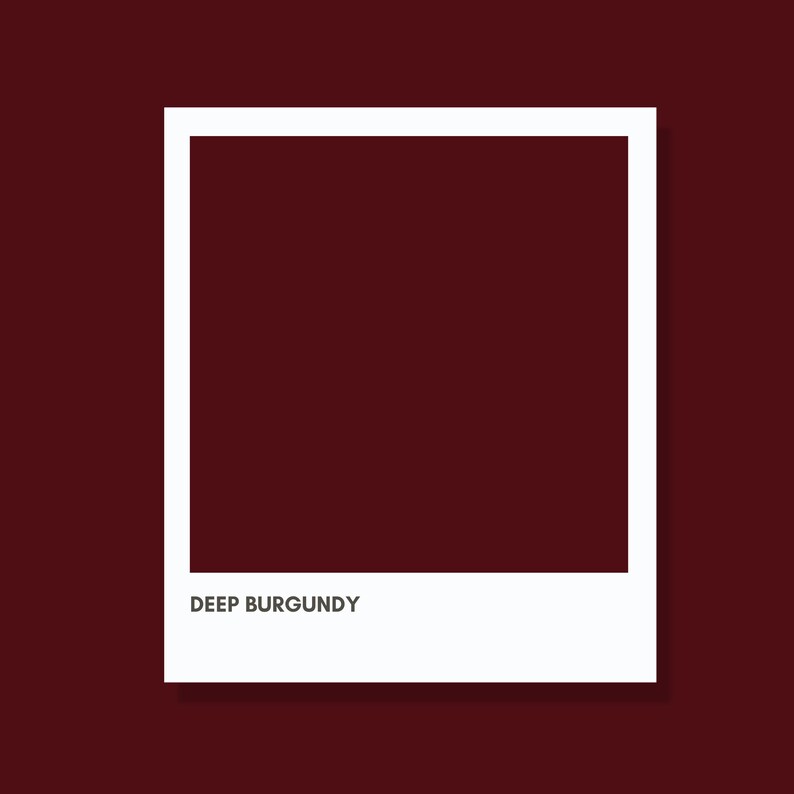 May include: A square graphic design featuring a deep burgundy colour block framed by a thick white border. The text DEEP BURGUNDY is printed in a clean, sans-serif font in the lower white margin, centred below the solid colour square.