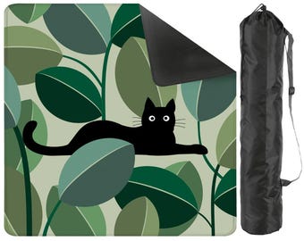 Mahjong Matte Kleine Schwarze Katze Grüne Blätter Drucken