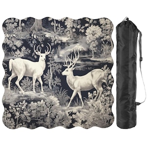 Scalloped Mahjong Table Mat Vintage Toile White Stags and Forest Design