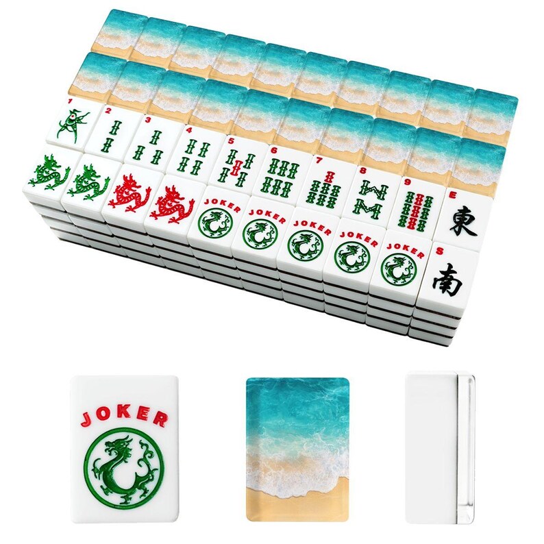 American Mahjong Tiles Set Coastal Print Summer Beach Shore Teal Blue Turquoise Aqua White image 3