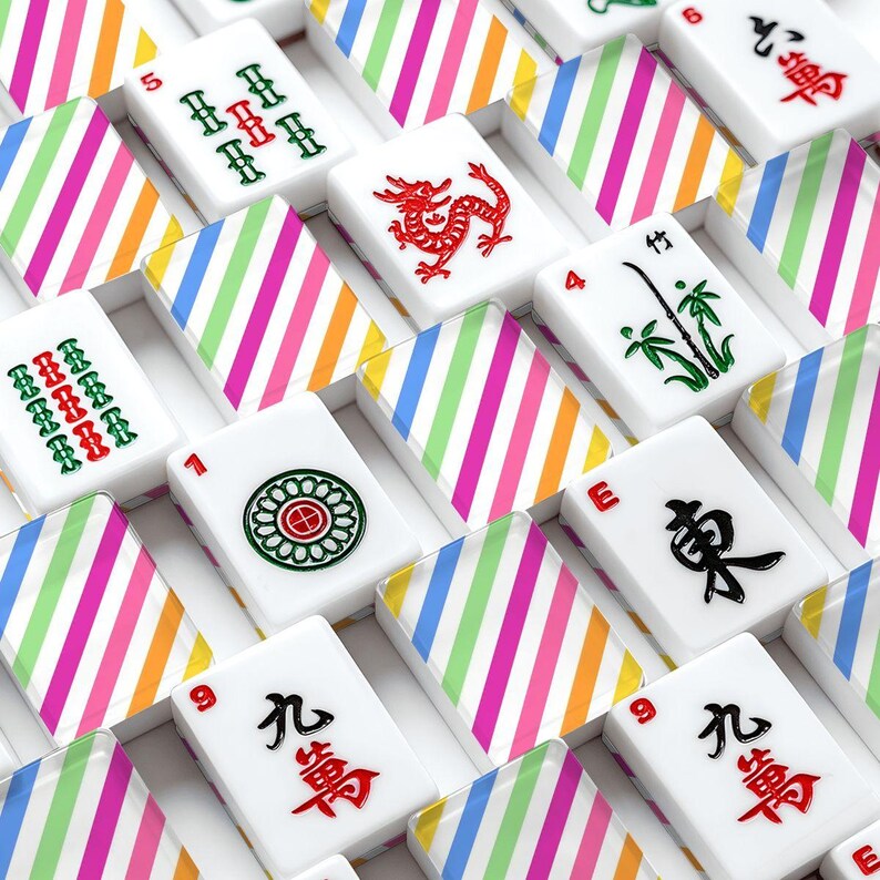 Amerikanische Mahjong Fliesen Set Preppy Summer Stripes Muster Rosa Gelb Blau Weiß Bild 2