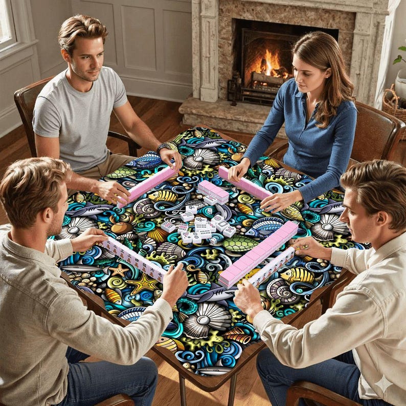 Scalloped Mahjong Mat Coastal Sea Life Underwater Theme Collage Pattern image 2