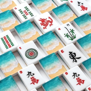 American Mahjong Tiles Set Coastal Print Summer Beach Shore Teal Blue Turquoise Aqua White image 1