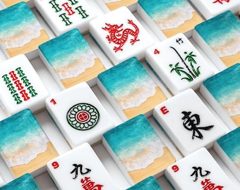 Amerikanisches Mahjong Fliesen Set Küstendruck Sommer Strand Ufer Teal Blau Türkis Aqua Weiß