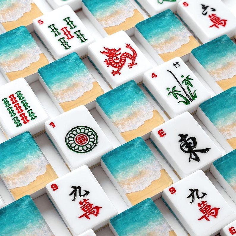 American Mahjong Tiles Set Coastal Print Summer Beach Shore Teal Blue Turquoise Aqua White image 1