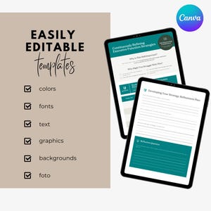 Op de afbeelding: Twee digitale tablets met bewerkbare sjablonen in een blauwgroene en witte lay-out. De tekst luidt EASILY EDITABLE TEMPLATES met selectievakjes voor colors, fonts, text, graphics, backgrounds en foto. De schermen tonen executieve functiestrategie&euml;n.