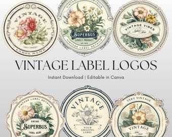 Vintage Floral Label Logo Templates, Canva Editable (Digital Download)