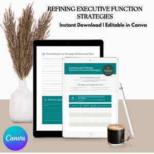 Op de afbeelding: Een digitaal document getiteld REFINING EXECUTIVE FUNCTION STRATEGIES weergegeven op een tablet en een groter scherm, met secties voor strategieplannen, zelfreflectie en evaluatietabellen met blauwgroene accenten en witte tekst.