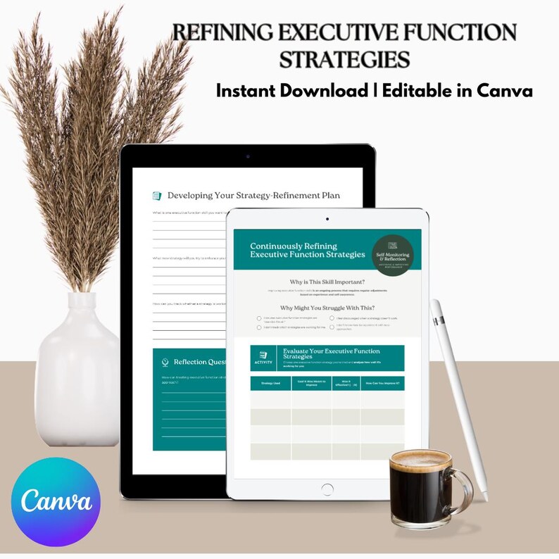 Op de afbeelding: Een digitaal document getiteld REFINING EXECUTIVE FUNCTION STRATEGIES weergegeven op een tablet en een groter scherm, met secties voor strategieplannen, zelfreflectie en evaluatietabellen met blauwgroene accenten en witte tekst.