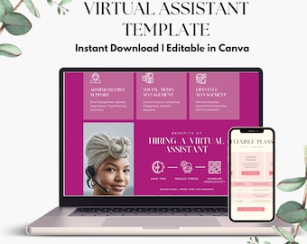 May include: A laptop and smartphone display a virtual assistant template. The laptop screen shows a pink and white design with text about administrative support, social media management, and lifestyle management. The phone displays a similar design. The image includes the text "Instant Download | Editable in Canva."