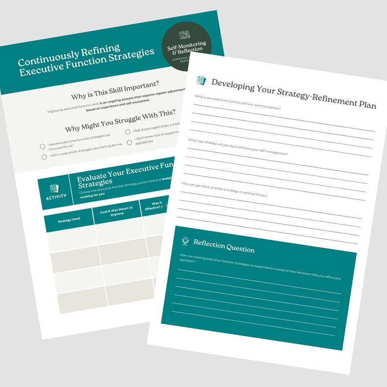 Op de afbeelding: Twee witte werkbladen met blauwgroene accenten getiteld Continuously Refining Executive Function Strategies en Developing Your Strategy-Refinement Plan. De pagina's bevatten secties voor het evalueren van strategie&euml;n, het bijhouden van voortgang en het beantwoorden van reflectievragen.