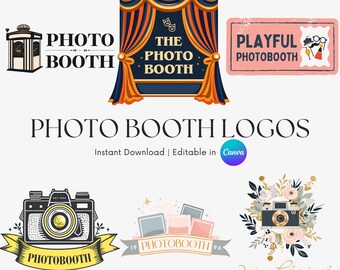 Op de afbeelding: Een verzameling fotohokjeslogo's in verschillende stijlen. Ontwerpen omvatten een cabine, theatrale gordijnen, een speels bord en vintage camera's. Tekst bevat "Photo Booth Logos", "Instant Download" en "Editable in Canva".