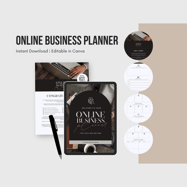 Op de afbeelding: Een digitale sjabloonset voor een online businessplanner met een tablet die een zwarte boogvormige omslag toont met de tekst "WELCOME TO YOUR ONLINE BUSINESS PLANNER FOR 2024 AND BEYOND," een zwarte pen, een document en vier cirkelvormige paginavoorbeelden.