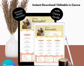 Op de afbeelding: Digitale sjabloon voor oppasnotities op een tablet en telefoon, met een foto van een hond genaamd Barnaby. De sjabloon bevat secties voor ochtend-, middag- en avondschema's, met de tekst "Instant Download | Editable in Canva". Een kopje koffie en een stylus zijn ook zichtbaar.