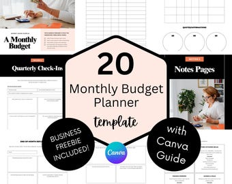 Op de afbeelding: Een digitale planner met een lichtroze en zwart ontwerp, met de tekst "20 Maandelijkse budgetplanner sjabloon". Bevat secties voor budgettering, kwartaalcontroles en notities. Een Canva-gids en een zakelijke weggever zijn ook inbegrepen.