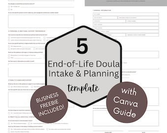 Op de afbeelding: Een witte End-of-Life Doula Intake & Planning Form template met een Canva-gids. Het formulier bevat secties voor algemene informatie, persoonlijke voorkeuren, familieondersteuning en praktische overwegingen. Een gratis zakelijke aanbieding is inbegrepen.