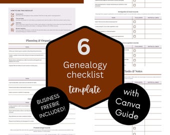 Genealogy Research Checklist: 6-Page Ancestry Planner (Editable Canva Template)