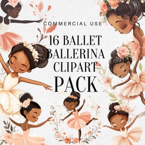 Clipart di ballerina di danza classica - Illustrazione di una bambina nera adorabile in rosa - Arte digitale floreale per bambini - Clipart di una bambina nera ballerina