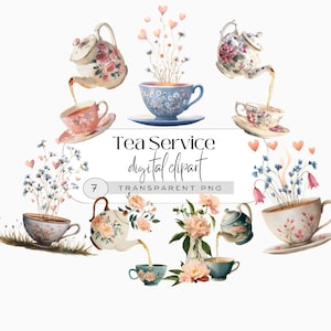May include: Watercolor digital clipart featuring tea sets with floral designs. The image includes teacups, teapots, and floral arrangements, with the text "Tea Service digital clipart transparent PNG". The color palette includes pink, blue, and white.