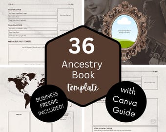 Peut inclure: Un modèle de livre de généalogie de 36 pages, avec des invites pour l'histoire familiale. Il comprend des sections pour les grands-parents paternels, les souvenirs et les histoires de famille. Une carte du monde est incluse. Le modèle est fourni avec un guide Canva.