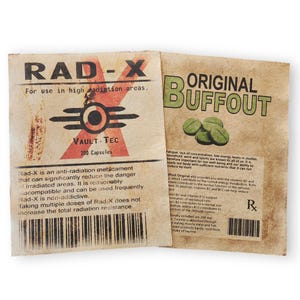 Fallout, Game, Rad-X and Buffout aged printed concept AD art 8.5 x 11, wall art, Poster, Halloween Prop