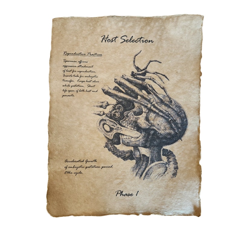 May include: A black and white illustration of a skull with a parasitic creature emerging from it. The image is on a parchment-like background with text that reads "Host Selection", "Reproductive Practices", "Accelerated Growth", and "Phase I".