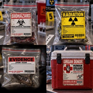 Puede incluir: Un conjunto de cuatro artículos que incluye tres bolsas de evidencia de plástico transparente con etiquetas que dicen BIOHAZARD, RADIATION y EVIDENCE, y una nevera roja y blanca etiquetada ORGAN DONOR HUMAN ORGANS FOR TRANSPLANT, con símbolos de riesgo biológico.