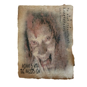 Evil Dead Rise, Necronomicon, Book of the Dead aged printed Watercolor concept art book page, Mommy&#39;s with the Maggots Now, Halloween Prop