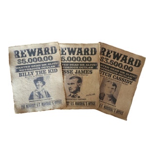 Jesse James, Billy the Kid, Butch Cassidy aged printed Wanted Posters, Old west Halloween Prop, Wall Art