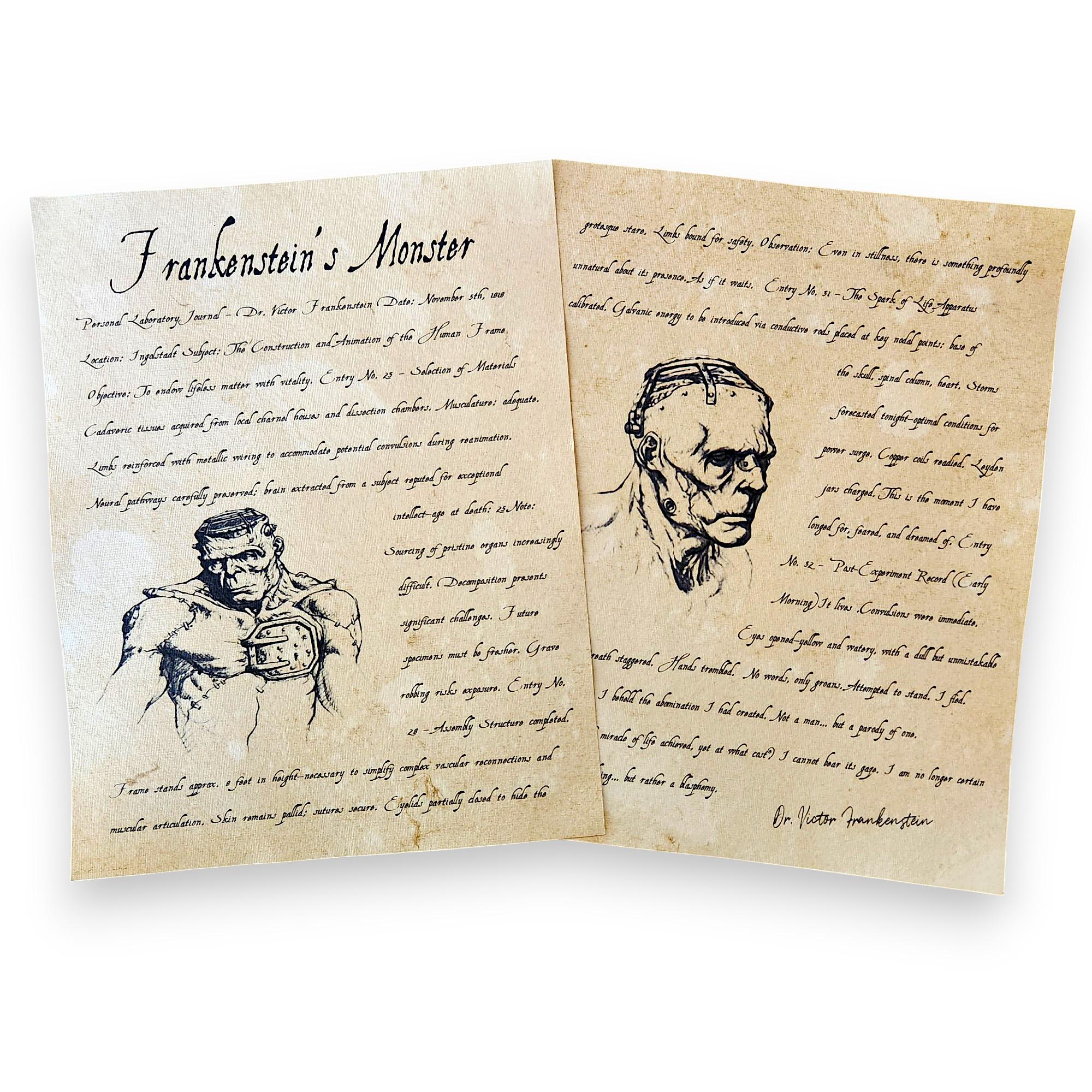 2 X Frankenstein's Monster Aged Printed Laboratory Journal Pages