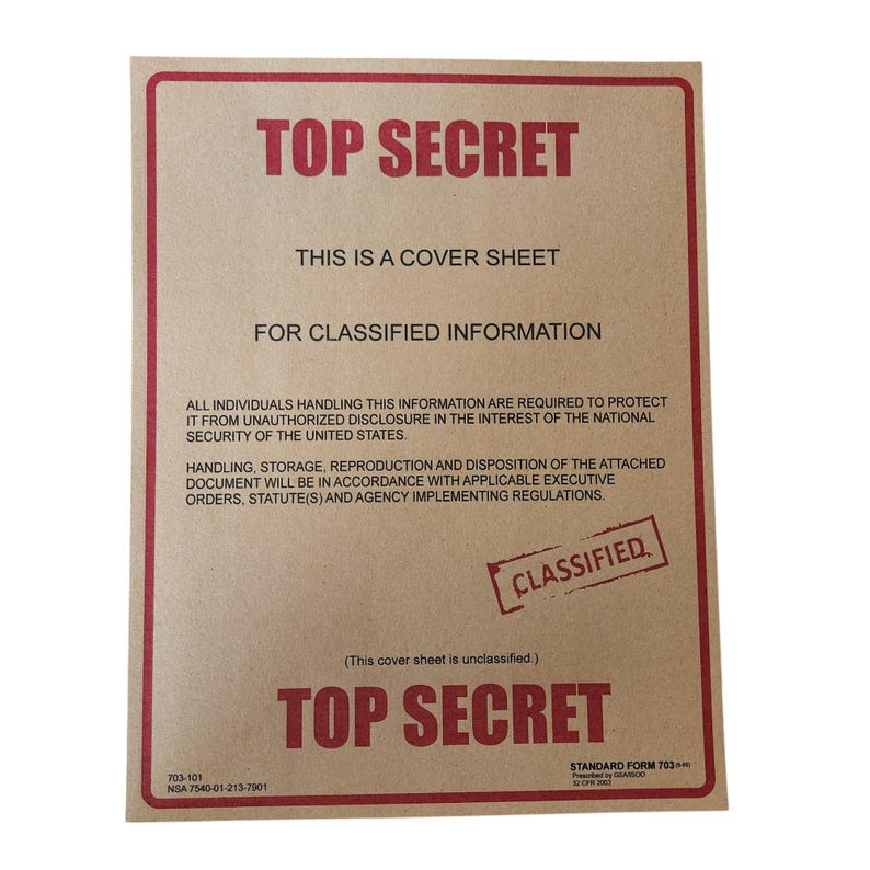 Secret Classification Paper 2 X Top Secret Classified Card Stock Cover Sheet 8.5 X 11 Inches for ...