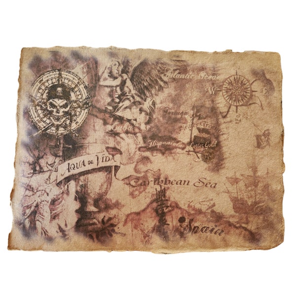 Pirate Caribbean Treasure Map aged printed, Halloween Prop Wall Art