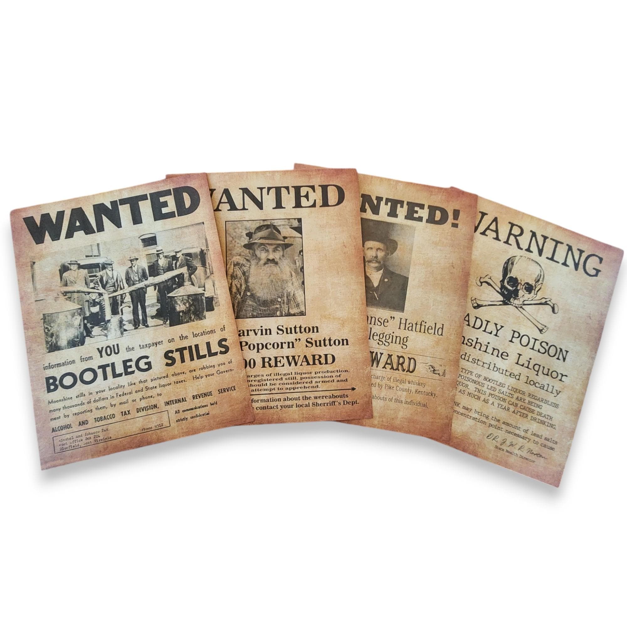 4 X Bootleggers Wanted Posters 8.5 X 11 Printed on Aged Looking