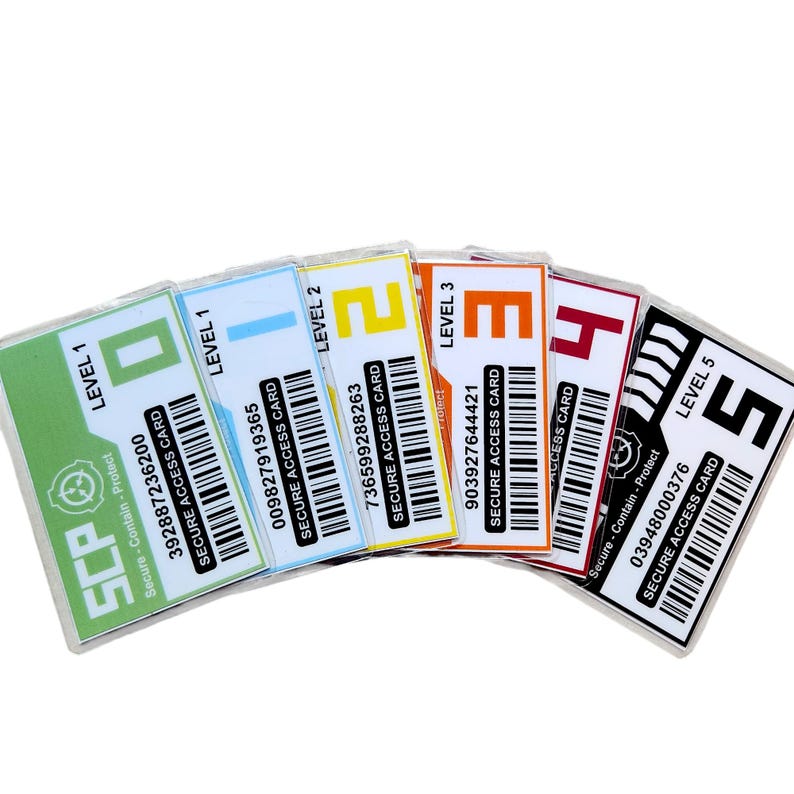 May include: A collection of five rectangular Secure Access Cards, each with a different level designation from 1 to 5. The cards feature barcodes, text, and color-coded designs, with the SCP logo visible on the Level 1 card.