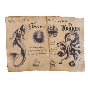 Mermaid/Siren and The Kraken aged printed book pages 8.5 x 11, wall art, Poster, Halloween Prop by Dead Head Props