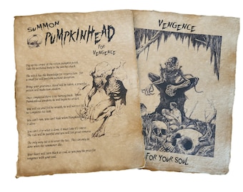 Pumkinhead aged printed sketch book pages, Halloween Prop