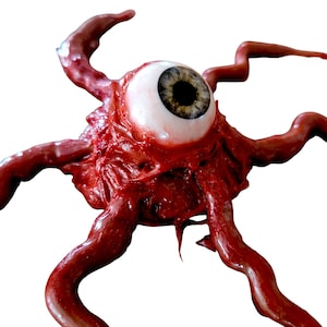 Puede incluir: Una criatura grotesca, roja, con tentáculos y un gran ojo realista. El ojo tiene una esclerótica blanca, un iris marrón y una pupila negra. Los tentáculos son largos, curvos y parecen estar hechos de material carnoso. La criatura está aislada sobre un fondo blanco.