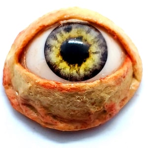 Pode incluir: Um olho falso de aparência realista com uma íris amarela e cinza, rodeado por uma pálpebra carnuda, texturizada e ligeiramente sangrenta.