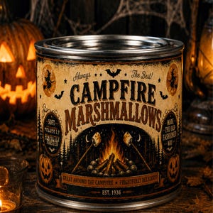 Pode incluir: Uma lata metálica cilíndrica com um rótulo de estilo vintage para Campfire Marshmallows. O rótulo apresenta uma ilustração de fogueira, abóboras, morcegos e texto incluindo Always The Best, Soft Fluffy Perfectly Toasted e Est. 1936.