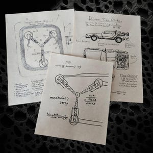 3 x Back to the Future, Dr. Emmett Brown Flux Capacitor sketches for prop or display, Wall Art
