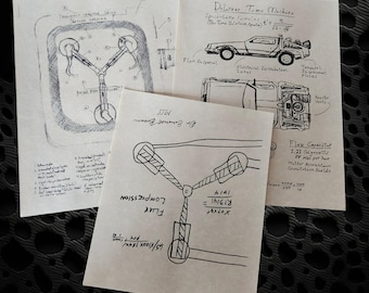3 x Back to the Future, Dr. Emmett Brown Flux Capacitor sketches for prop or display, Wall Art
