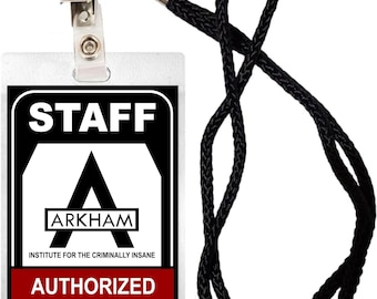 Arkham Asylum Staff or Inmate ID Security laminated badge with clip and lanyard, Halloween Costume, Cosplay, Movie Prop