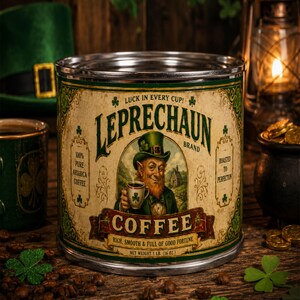 May include: A cylindrical metal tin of Leprechaun Brand coffee with a cream-colored label featuring a leprechaun illustration, green text, and shamrock accents. The label reads Luck in Every Cup, 100% Pure Arabica Coffee, Roasted to Perfection, and Net Weight 1 lb. (16 oz.).
