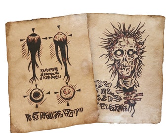 Necronomicon, Evil Dead, Book of the Dead aged printed sketch book pages, Halloween Prop