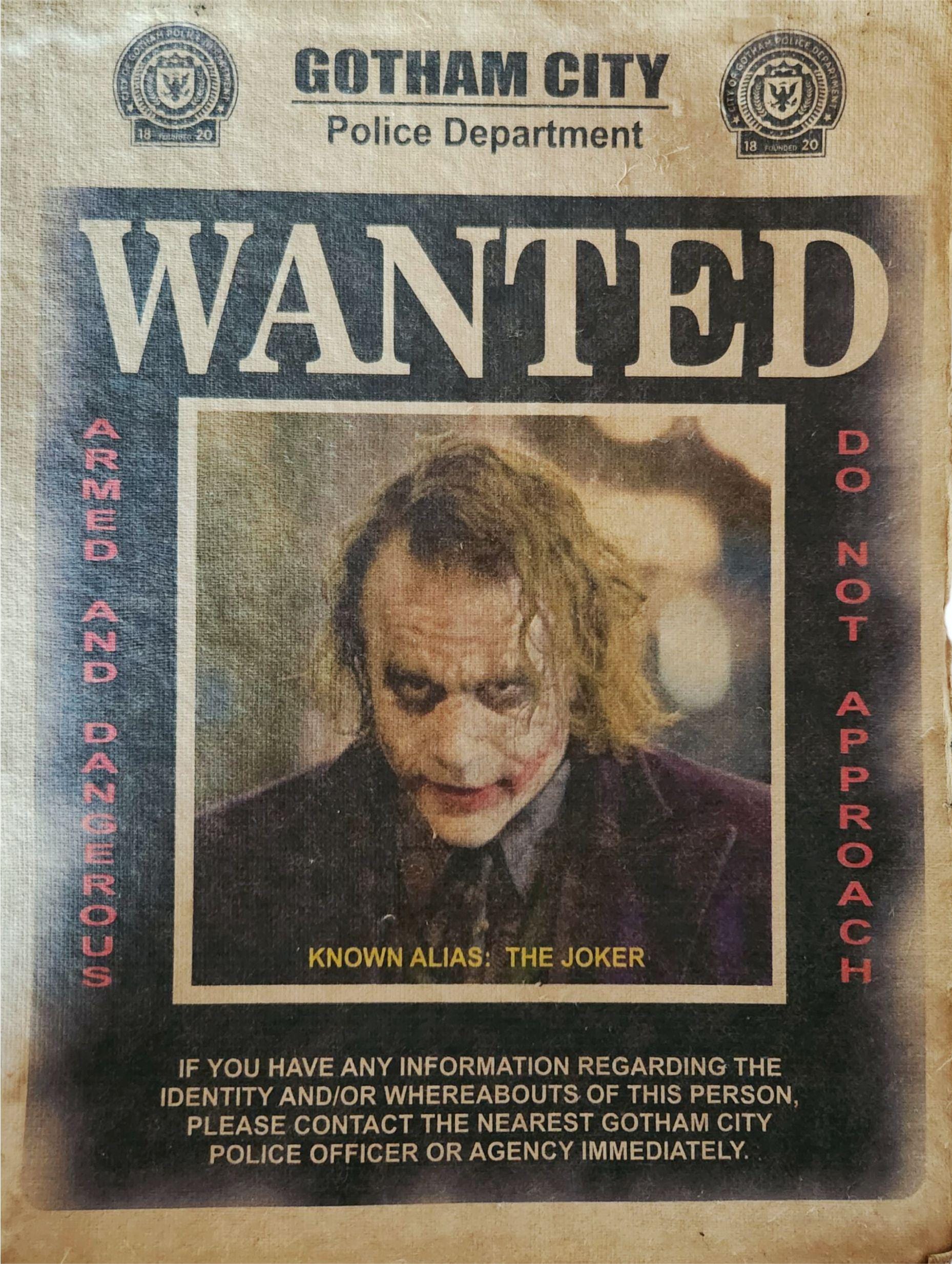 Heath Ledger Joker Wanted Poster, Printed Art Movie Prop DC - Etsy